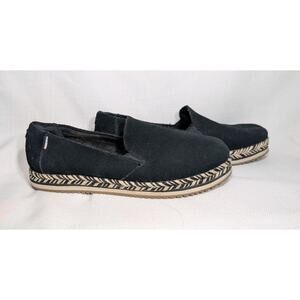 Toms Black Canvas Slip-On Flats with Braided Espadrille Trim